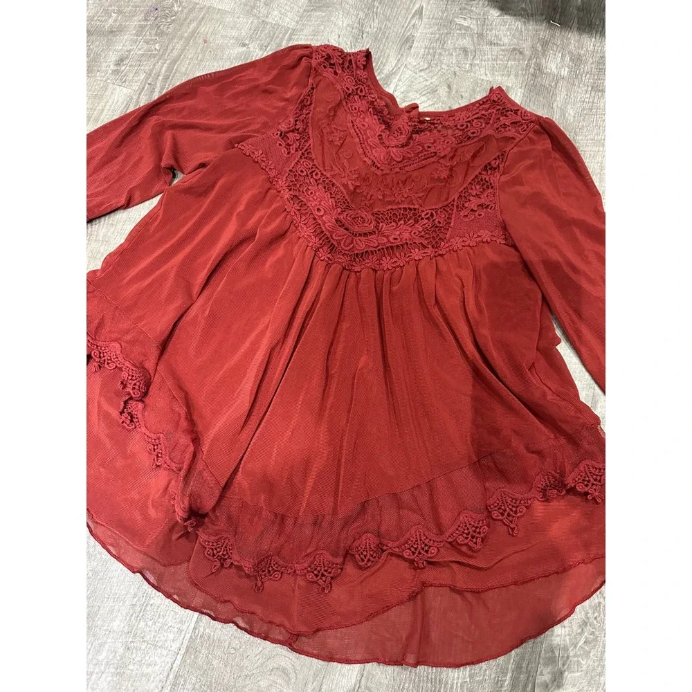 Altar'd State Rust Red Lace Boho Bell Sleeve‎ Babydoll Blouse Top XS